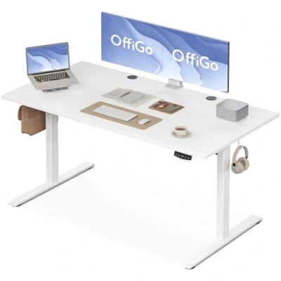 Afbeelding van OffiGo Bureau électrique réglable en hauteur de 160 cm avec prise courant, blanc