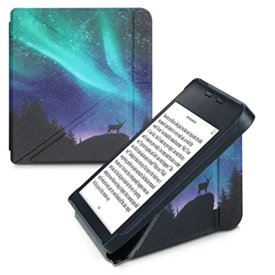 Afbeelding van kwmobile E reader hoesje geschikt voor Kobo Libra 2 hoes Ereader flip case met standaard cover van kunstleer In turquoise / blauw zwart