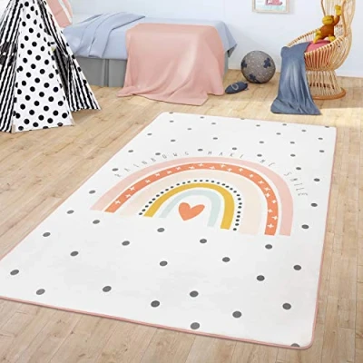Afbeelding van TT Home Tapijt voor kinderkamer, babytapijt, regenboogmotief, modern hartdesign, kleur: crème, afmetingen: 80 x 150 cm