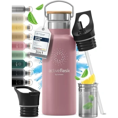 Afbeelding van Drinkfles, roestvrij staal, met rietje (3 deksels), BPA vrij, lekvrij, geschikt voor koolzuurhoudende dranken, waterfles, fiets, thermosfles, geïsoleerde sport,