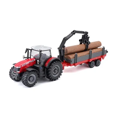 Afbeelding van Bburago Massey FERGUSSON 8740S Tractor met houten aanhanger, verschillende patronen en kleuren, 10 cm