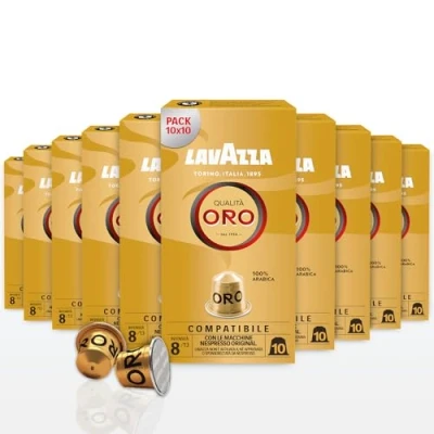 Image de LAVAZZA Qualità Oro, 100 Capsules Café en Aluminium Compatibles avec les Machines Nespresso Original, Notes de Fruits et Fleurs, 100% Arabica, Intensité 8/13, Torréfaction Légère, 10 Paquets