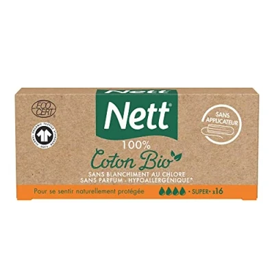 Afbeelding van Nett 100% biologisch katoen, super zonder applicator (doos met 16 stuks) niet chloor en parfumvrije katoenen pads hypoallergene gebogen groeven