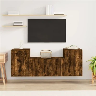 Afbeelding van 3 delige Tv meubelset bewerkt hout gerookt eikenkleurig