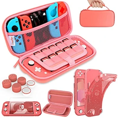 Afbeelding van HEYSTOP hoes voor Nintendo Switch Lite, kristal TPU Lite accessoires, Case met displaybeschermfolie en duimkappen console, roze