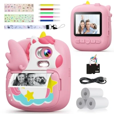 Afbeelding van CAMCLID Instant camera voor kinderen, 2,4 inch, digitale met 32 GB TF kaart en bedrukt fotopapier, kerstcadeau kinderen van 3 tot 12 jaar (roze)