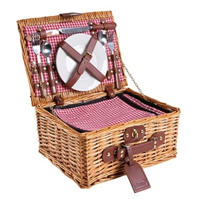 Afbeelding van Handgemaakte picknickmand voor 2 personen met koelvak, multifunctioneel mes, roestvrijstalen bestek, porseleinen borden en wijnglazen ROOD