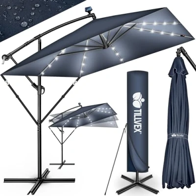 Afbeelding van tillvex Rechthoekige zweefparasol Ø 330 cm + beschermhoes en windscherm Vierkante crankparasol met standaard Tuinparasol voor buiten, uv bescherming, van aluminium, Rood LED