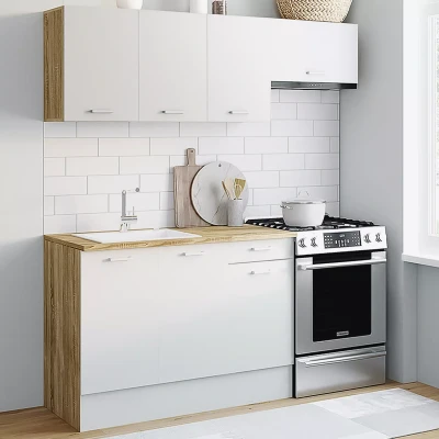 Afbeelding van Cuisine complète SUBTIL 180 cm avec plan de travail structure effet bois et façades blanches 5 éléments