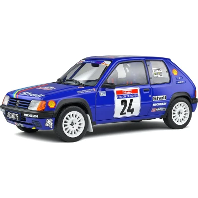 Afbeelding van het 1:18 Diecast model van De Peugeot 205 #24 Rally Tour Corse 1990. rijders waren R. Bourcier en B. Frangin. fabrikant schaalmodel is Solido.Dit alleen online beschikbaar