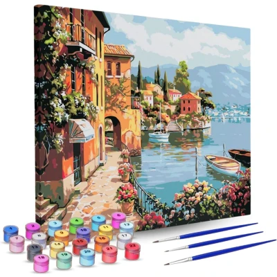 Afbeelding van Rubye® Schilderen op Nummer Volwassenen Italiaanse Kust Inclusief Penselen Canvas Schildersdoek Kleuren 40x50cm