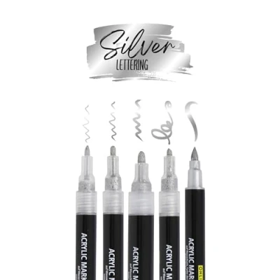 Afbeelding van ONLINE Set van 5 zilveren acrylpennen, handschrijfset met hoge dekking, inclusief penseel, fijne pen, kalligrafiepen en markers, metallic acrylstiften voor