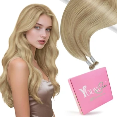 Afbeelding van YoungSee Haarextensions, nano ring, echt haar, steil, 50 g, 35 cm, #16/22, goudblond, middenblond