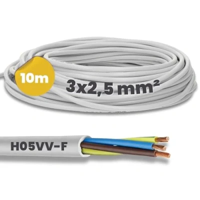 Afbeelding van Kalitec H05VV F Stroomkabel 3 x 2,5 mm² 10 m netsnoer 3G2,5 met beschermgeleider PVC kabel voor binnen witte elektrische lampkabel
