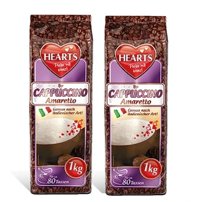 Afbeelding van Hearts Cappuccino Amaretto, 2 stuks (2 x 1 kg) instant poeder, oploskoffiepoeder, 160 kopjes