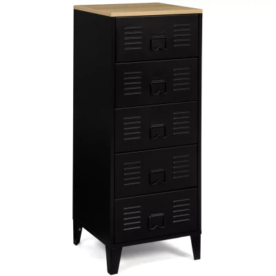 Afbeelding van Chiffonnier 5 tiroirs ESTER 40 cm métal noir et plateau façon hêtre design industriel