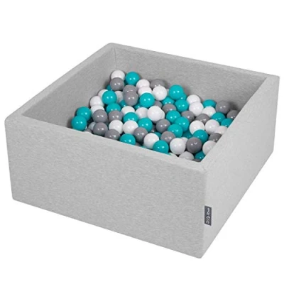 Afbeelding van KiddyMoon Ballenbad voor baby&#039;s, vierkant, 90 x 40 cm/200 ballen, 7 cm, ballenbak, speelgoed kinderen, lichtgrijs: grijs/wit/turquoise