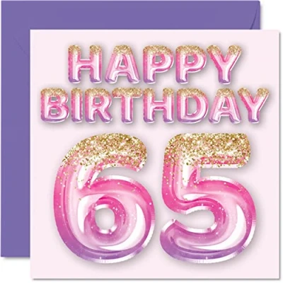 Afbeelding van Stuff4 Verjaardagskaart 65 jaar voor vrouwen, roze en paarse glitterballonnen, verjaardagskaarten vrouwen jaar, moeder, oma, tante, 145 mm x mm,