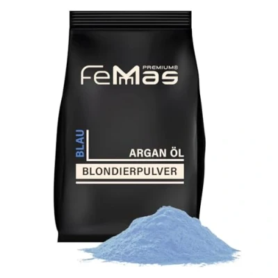 Afbeelding van FemMas Blondeerpoeder, blauw, 500 g, ultra sterk en stofvrij, blonderingspoeder met plex technologie arganolie, gelijkmatige blondering, haarbleekmiddel voor witmaking tot 9 nuances