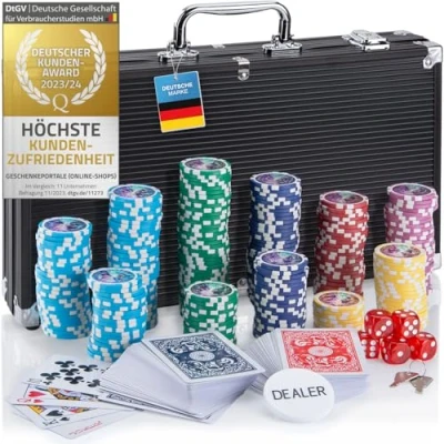 Afbeelding van Profi Pokerset pokerkoffer, inclusief 300 500 hoogwaardige pokerchips; pokerdeck, kaartspel, pokerkaarten, dobbelstenen, dealer knop; casino thuis (zwart, chips)