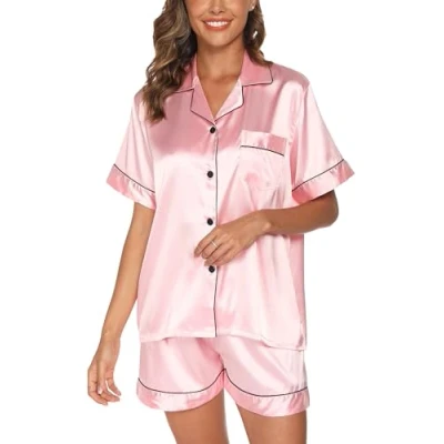 Afbeelding van Reliwel Tweedelige zomerpyjama voor dames, korte satijn, zijde vergelijkbaar met zijde, pyjamaset, Roze