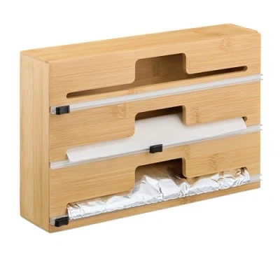 Afbeelding van foliehouder 3 rollen 21,5 x 33,5 8 cm lade bamboe foliesnijder