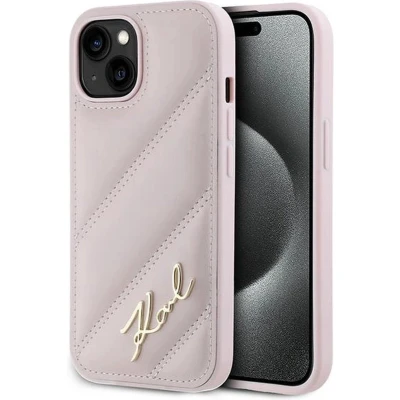 Afbeelding van Karl Lagerfeld Diagonal Quilted Script hoesje voor iPhone 14/15/13 roze