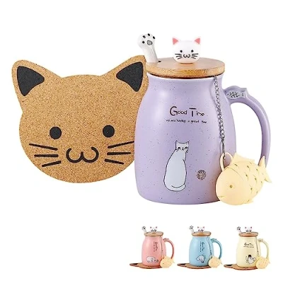 Afbeelding van Koffiemok van keramiek met deksel in kattenvorm, 380 ml