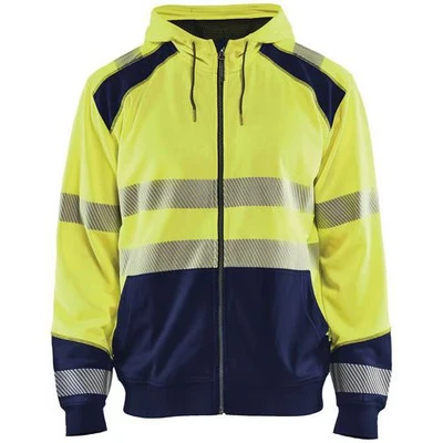 Image de Sweat zippé à capuche haute visibilité jaune fluorescent/marine