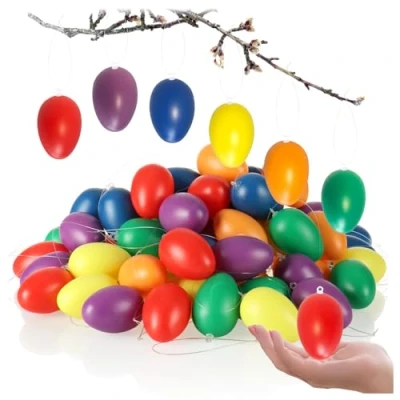 Afbeelding van COM FOUR® 60 x paaseieren om op te hangen paasdecoratie in mooie heldere kleuren hangende decoratie voor het paasboeket afmetingen: 6 cm