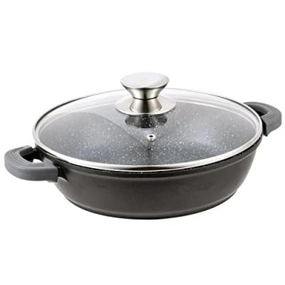 Afbeelding van Sauteerpan Ø 28 cm met glazen deksel serveerpan braadpan van gegoten aluminium marmeren coating