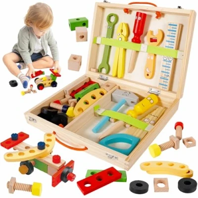 Afbeelding van XUNIVERS houten speelgoed voor kinderen van 2 jaar, doe het zelf, 34 delig, met gereedschapskist, gereedschapskisten, Montessori, educatief parcours, motoriek, baby, speelgoed, cadeau