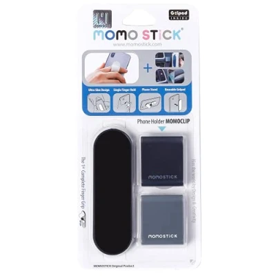 Afbeelding van MOMOSTiCK De originele Momoclip + vingerhouder voor mobiele telefoon telefoongreep telefoonring (Momostick combipakket clip Mat serie zwart)