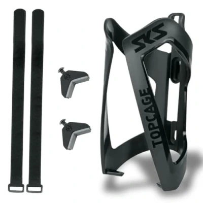 Afbeelding van ANYWHERE TOPCAGE Flessenkooi, Fietsaccessoires (Flessenkooi voor fietsen, inclusief riemen slangen met diameters tot 80 mm, veilige flessenkooi), Zwart
