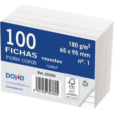 Afbeelding van Dohe Set van 100 gelinieerde kaarten karton om notities te schrijven, afmetingen 9,5 x 6,5 cm, 180 g/m², nr. 1, kantoorbenodigdheden, wit
