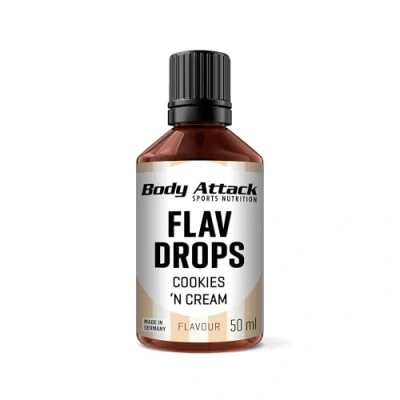 Afbeelding van Body Attack Flav Drops®, 50 ml, Cookies&#039;n Cream, aromadruppels voor levensmiddelen, suikervrij, calorievrij, veganistisch en kwaliteit Made in Germany