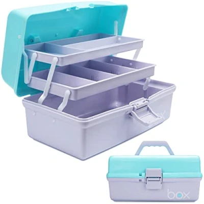 Afbeelding van 30,5 cm grote multifunctionele opbergdoos, organizer, opvouwbare gereedschapskist, kunst en knutselkoffer, naaibenodigdheden, medicijndoos, family EHBO doos met 2 dienbladen (blauwe paar)