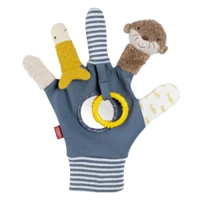 Afbeelding van Fehn Otter speelhandschoen en vis vingerpop met rammelaar, grijpring, ritselend papier spiegel versterkt de ouder kindrelatie voor baby&#039;s peuters 0+
