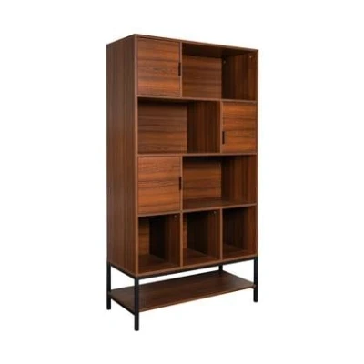 Afbeelding van sweeek Boekenkast in vintage stijl en walnootkleurig hout zwart metaal met 9 vakken (3 deuren 5 planken)