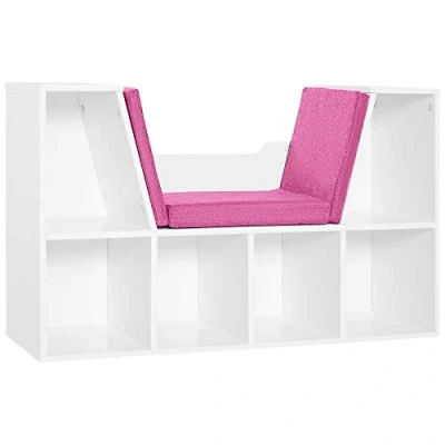 Afbeelding van HOMCOM Bibliotheek bank, 2 in 1, modern design, 6 vakken, 3 kussens, inbegrepen, 102 x 30 b 61 cm, wit/roze