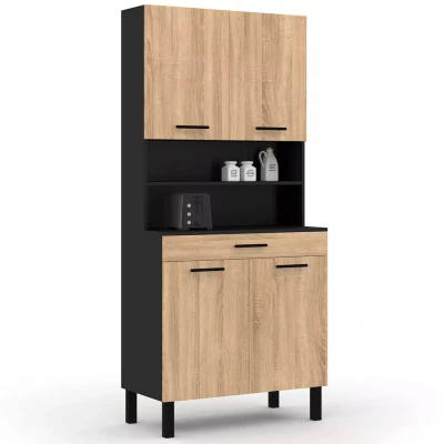 Image de Buffet de cuisine 80 CM CINA 4 portes + tiroir noir et façon hêtre