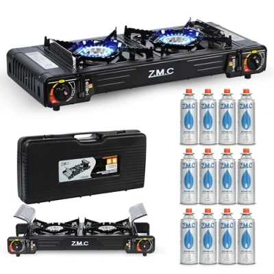 Afbeelding van Z.M.C Hoogwaardig campinggasfornuis, 2 pitten + 12 gaspatronen van 227 g, campingkooktoestel met ontstekingsbeveiliging voor buiten en binnen, dubbel gasfornuis inclusief