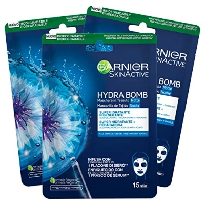 Afbeelding van Garnier SkinActive Hydra Bomb nachtmasker van super hydraterende stof, veganistische formule met korenbloem en hyaluronzuur regenererende werking voor vermoeide gevoelige huid, 3 maskers