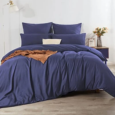 Afbeelding van Soifox, winterbeddengoed, 200 x 220 cm, marineblauw, microvezel, kreukvrij, dekbedovertrek van met kussensloop 80 set 2