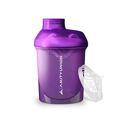 Afbeelding van AMITYUNION Protein Shaker Purple White Deluxe 400 ml Lekvrije proteïneshaker BPA vrij met zeef en weegschaal voor romige weiproteïnepoedershakes, Gym fitnessbeker vor geïsoleerde sportconcentraten