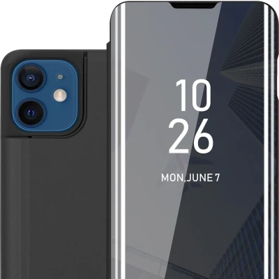 Afbeelding van Cadorabo Hoesje geschikt voor Apple iPhone 12 / PRO in TOERMALIJN ZWART Clear View Spiegel Beschermende Case met Tribunefunctie 360 Graden Bescherming Book Cover Etui