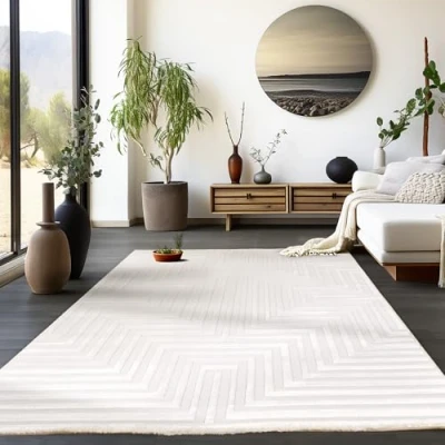 Afbeelding van HomebyHome Woonkamertapijt, korte pool, crème, 3D, Scandinavische stijl, modern, 160 x 230 cm, wasbaar, voor slaapkamer en keuken, geometrisch ontwerp, zacht