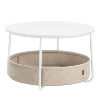 Afbeelding van VASAGLE Ronde salontafel met opslag, woonkamertafel stoffen mand, moderne stijl, metalen frame, mat wit en camelbruin LCT244W10