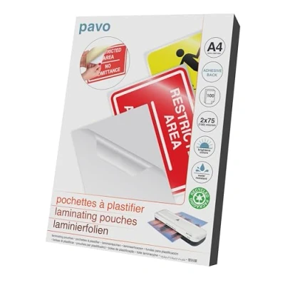 Image de Pavo Lot de 100 pochettes plastification autocollantes A4 75/80 mic Brillant