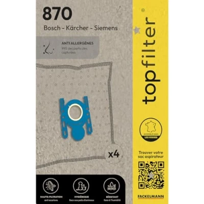Afbeelding van TopFilter 64870 Set van 4 Bosch en Siemens stofzuigerzakken, stofzuigerzak, stofzuigeraccessoires, polypropyleen vlies, rubber, kunststof, 30 x 26 cm
